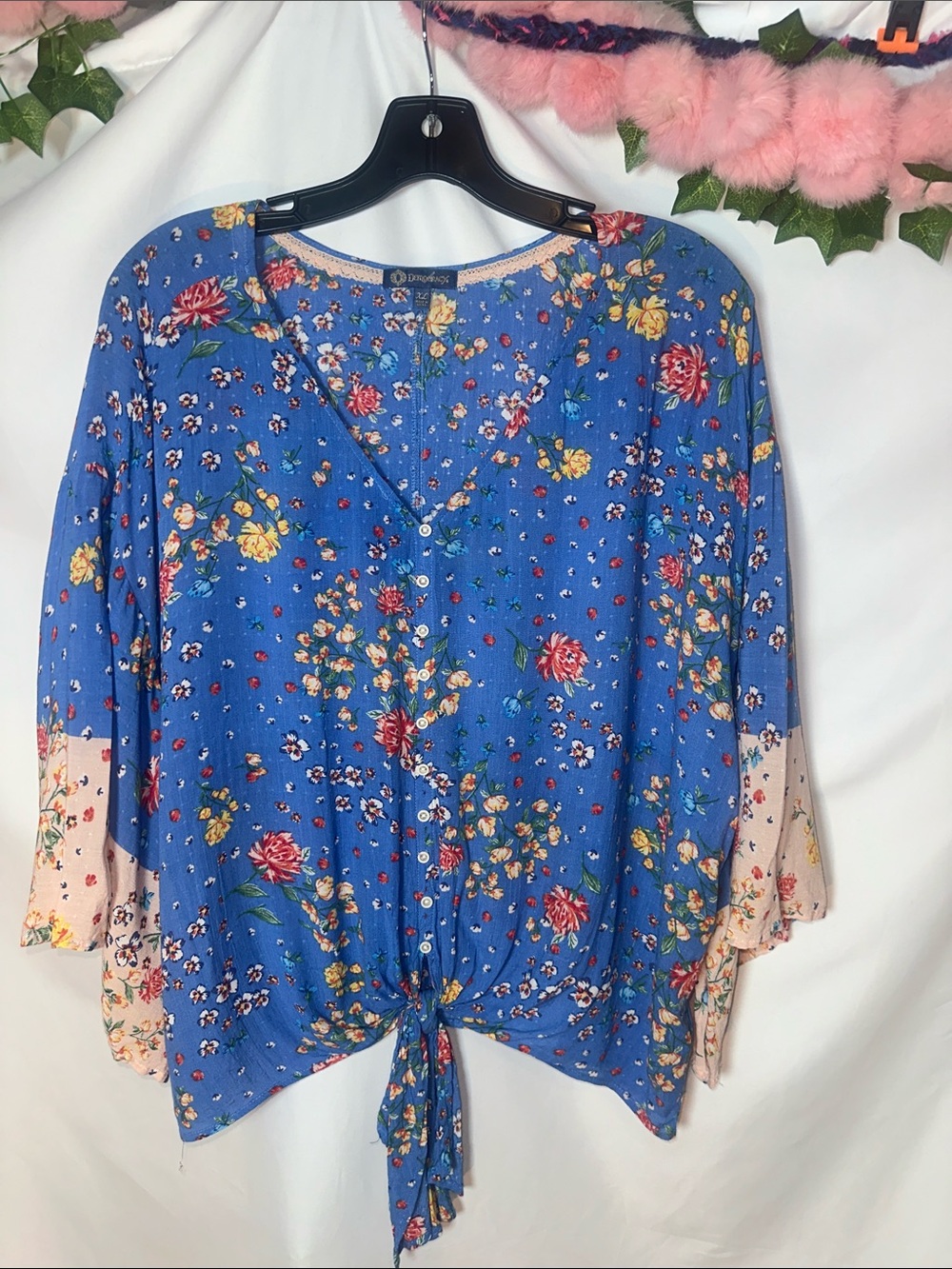 Democracy Royal Blue Floral Tie-Front Blouse with Blush Sleeves